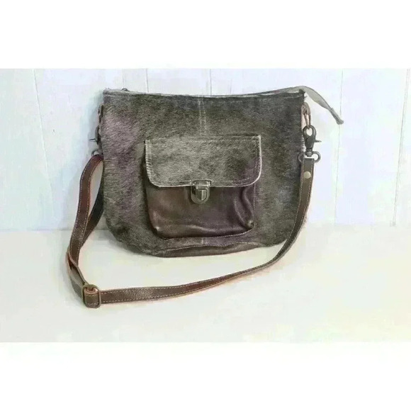 Myra Bag Western Cowgirl On Hide Leather Medium Brown Satchel Crossbody Purse - Picture 1 of 15